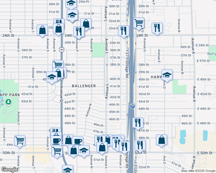 map of restaurants, bars, coffee shops, grocery stores, and more near 4101 Avenue K in Lubbock