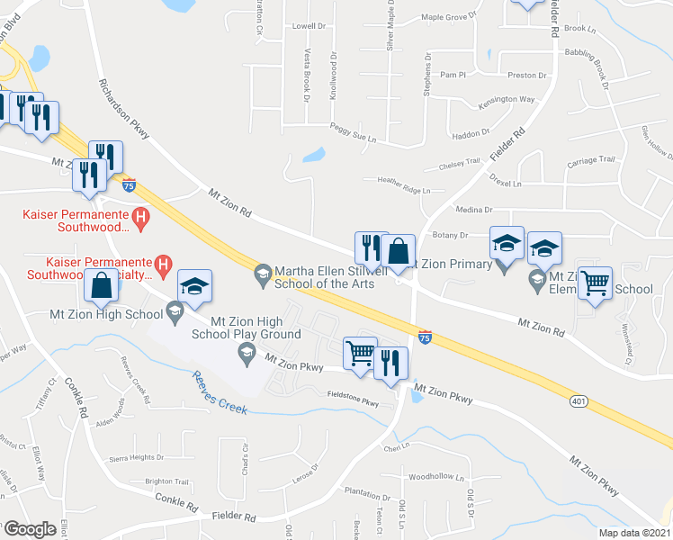 map of restaurants, bars, coffee shops, grocery stores, and more near 2695 Mount Zion Road in Jonesboro