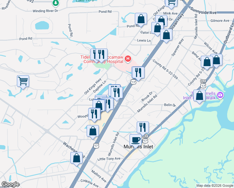 map of restaurants, bars, coffee shops, grocery stores, and more near 4310 U.S. 17 in Murrells Inlet