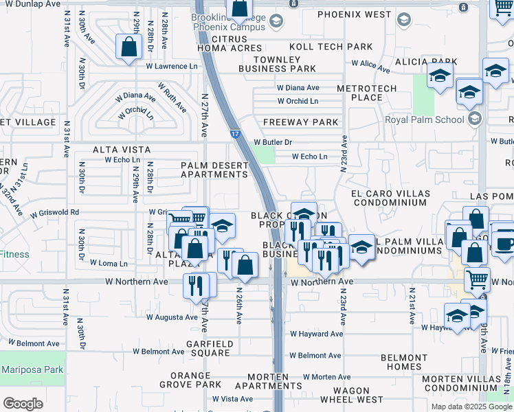 map of restaurants, bars, coffee shops, grocery stores, and more near 8242 North Black Canyon Highway in Phoenix