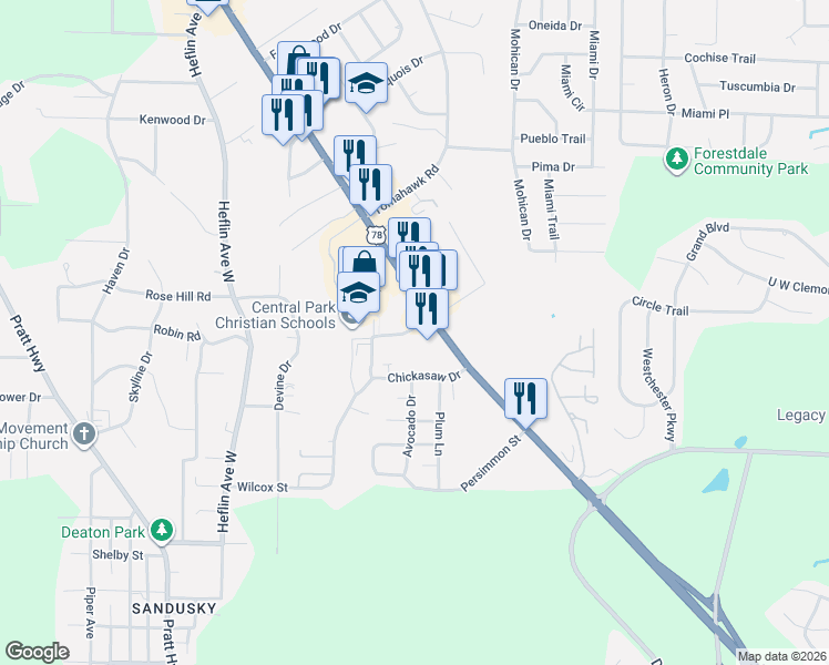 map of restaurants, bars, coffee shops, grocery stores, and more near 115 Crabapple Lane in Birmingham