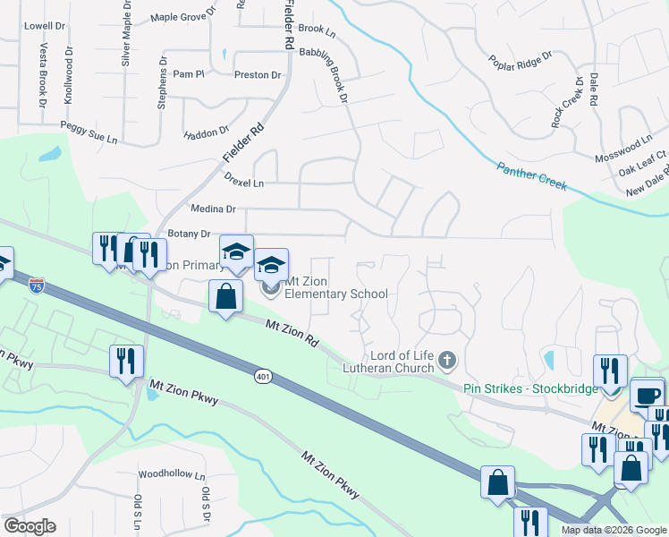map of restaurants, bars, coffee shops, grocery stores, and more near 7233 Mountain Laurel Way in Stockbridge