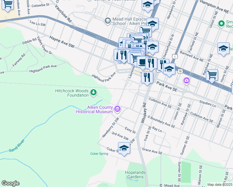 map of restaurants, bars, coffee shops, grocery stores, and more near 333 Laurens Street Southwest in Aiken