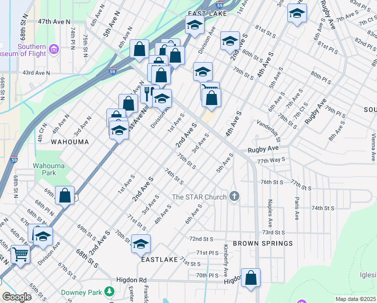 map of restaurants, bars, coffee shops, grocery stores, and more near 7512 3rd Avenue South in Birmingham