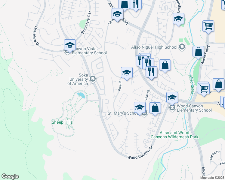 map of restaurants, bars, coffee shops, grocery stores, and more near 67 Rue Du Chateau in Aliso Viejo