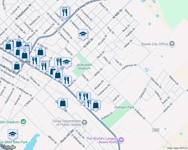 map of restaurants, bars, coffee shops, grocery stores, and more near 719 Elba Street in Bowie