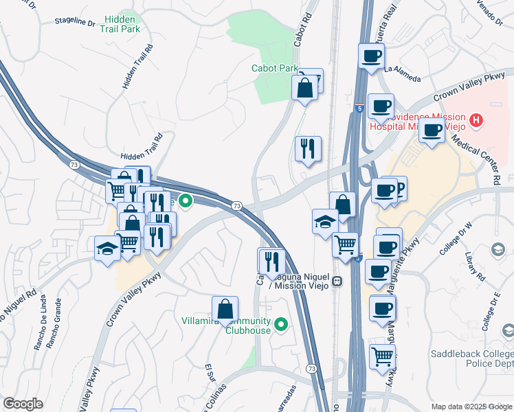 map of restaurants, bars, coffee shops, grocery stores, and more near Crown Valley Pkwy & Cabot Rd in Laguna Niguel