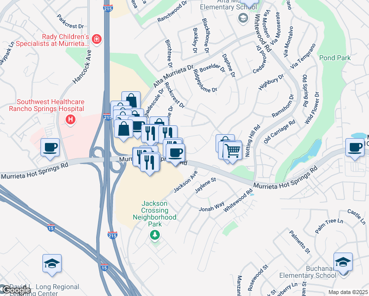 map of restaurants, bars, coffee shops, grocery stores, and more near 25780 Saint Marta Drive in Murrieta