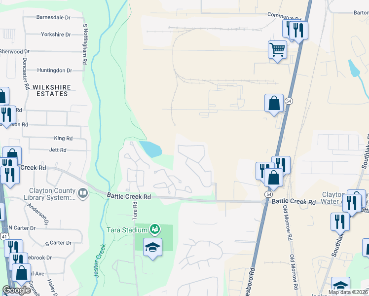 map of restaurants, bars, coffee shops, grocery stores, and more near 1204 Battlecreek Village Drive in Jonesboro