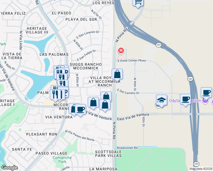 map of restaurants, bars, coffee shops, grocery stores, and more near 8651 East Royal Palm Road in Scottsdale