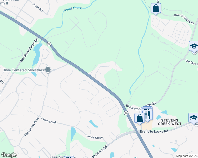 map of restaurants, bars, coffee shops, grocery stores, and more near 3495 Greenway Drive in Evans
