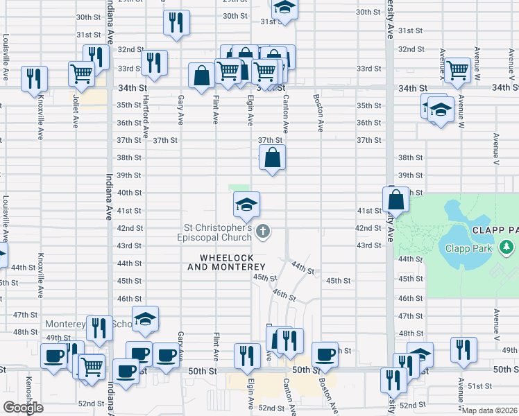 map of restaurants, bars, coffee shops, grocery stores, and more near 2818 42nd Street in Lubbock