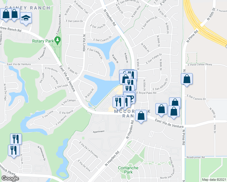 map of restaurants, bars, coffee shops, grocery stores, and more near Unnamed Road in Scottsdale