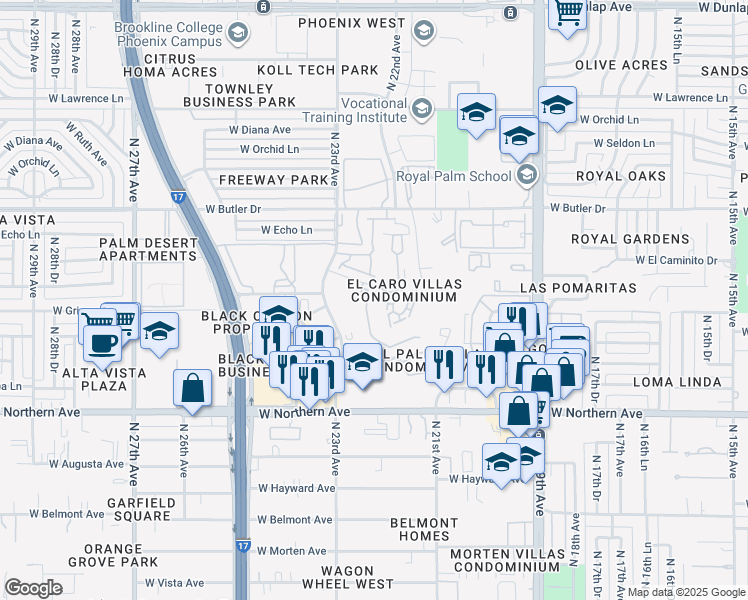 map of restaurants, bars, coffee shops, grocery stores, and more near 8246 North 22nd Drive in Phoenix