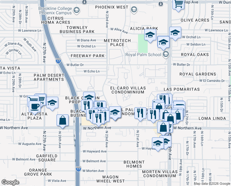 map of restaurants, bars, coffee shops, grocery stores, and more near 8246 North 22nd Drive in Phoenix