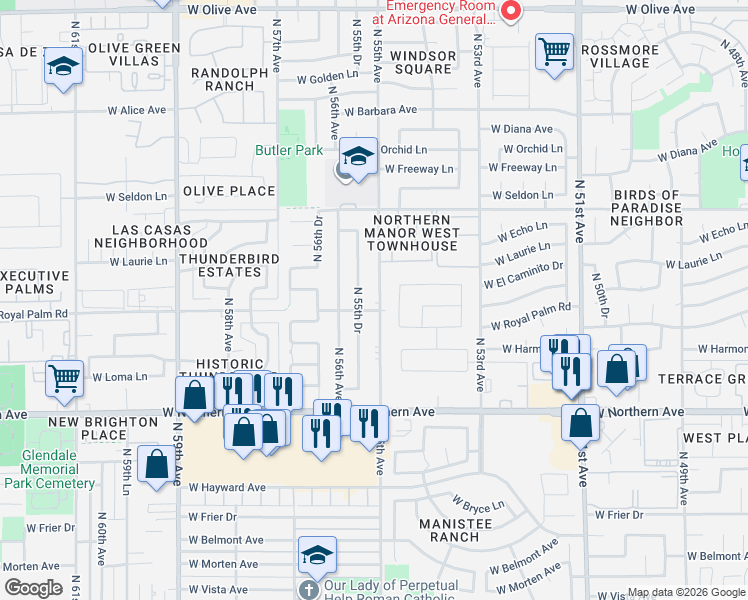 map of restaurants, bars, coffee shops, grocery stores, and more near 8136 North 55th Avenue in Glendale