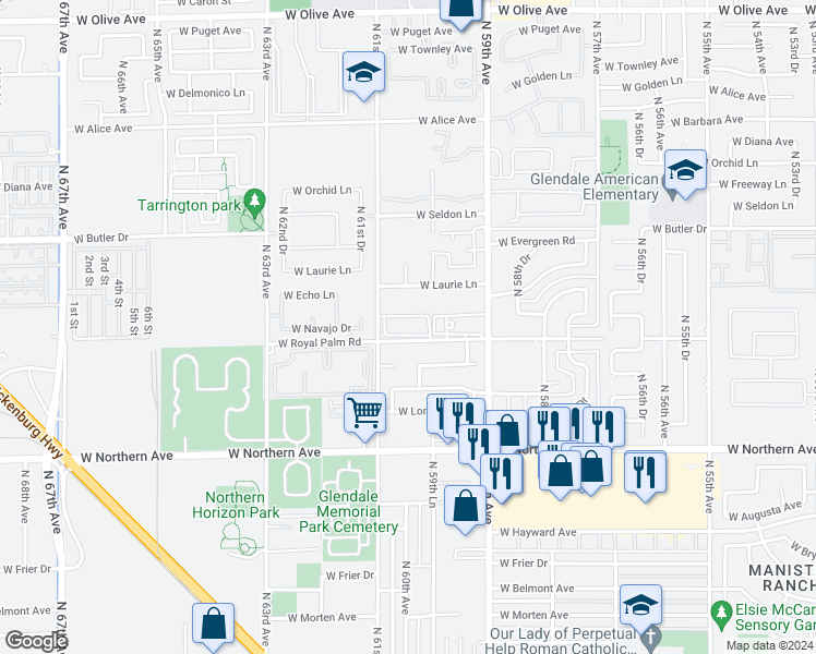 map of restaurants, bars, coffee shops, grocery stores, and more near 6025 West Royal Palm Road in Glendale