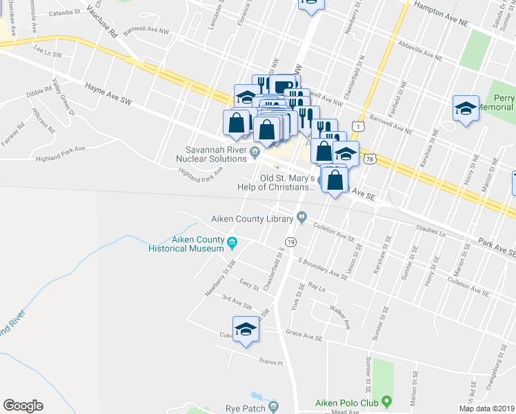 map of restaurants, bars, coffee shops, grocery stores, and more near 315 Newberry Street Southwest in Aiken