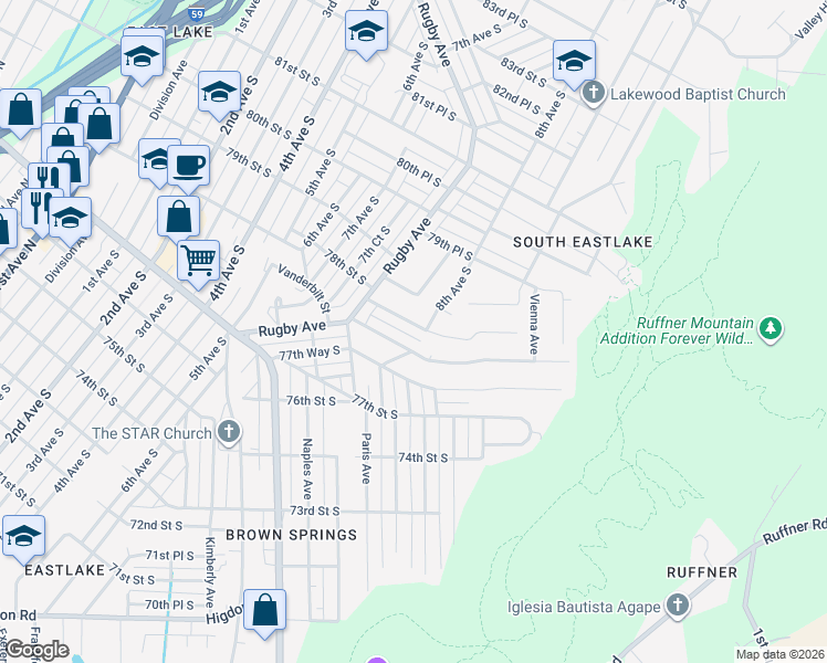 map of restaurants, bars, coffee shops, grocery stores, and more near 805 Vanderbilt Street in Birmingham