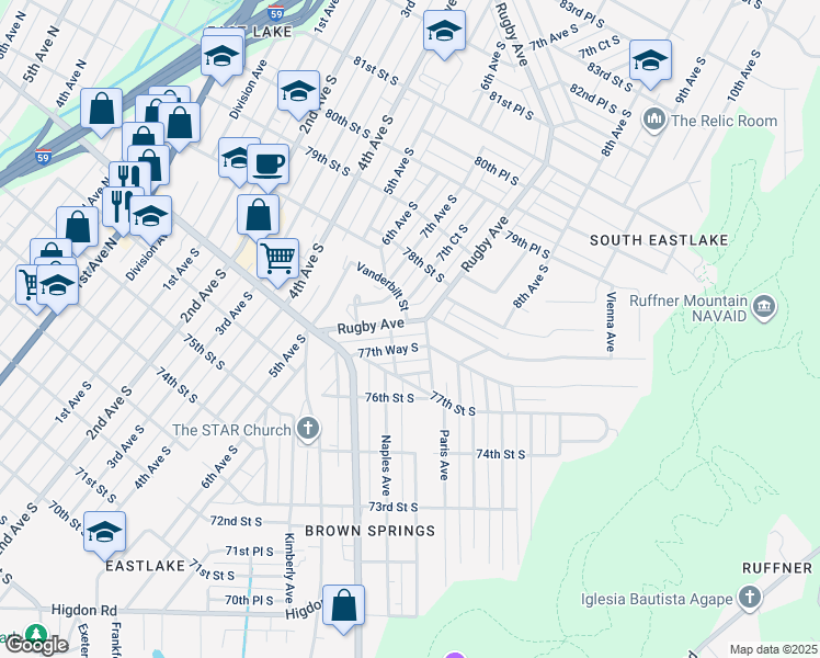 map of restaurants, bars, coffee shops, grocery stores, and more near 725 77th Way South in Birmingham
