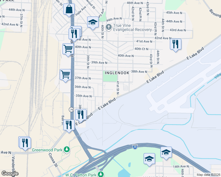 map of restaurants, bars, coffee shops, grocery stores, and more near 4010 40th Street North in Birmingham