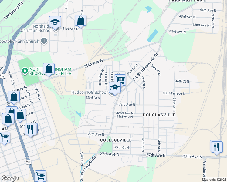 map of restaurants, bars, coffee shops, grocery stores, and more near 3300 F L Shuttlesworth Drive in Birmingham