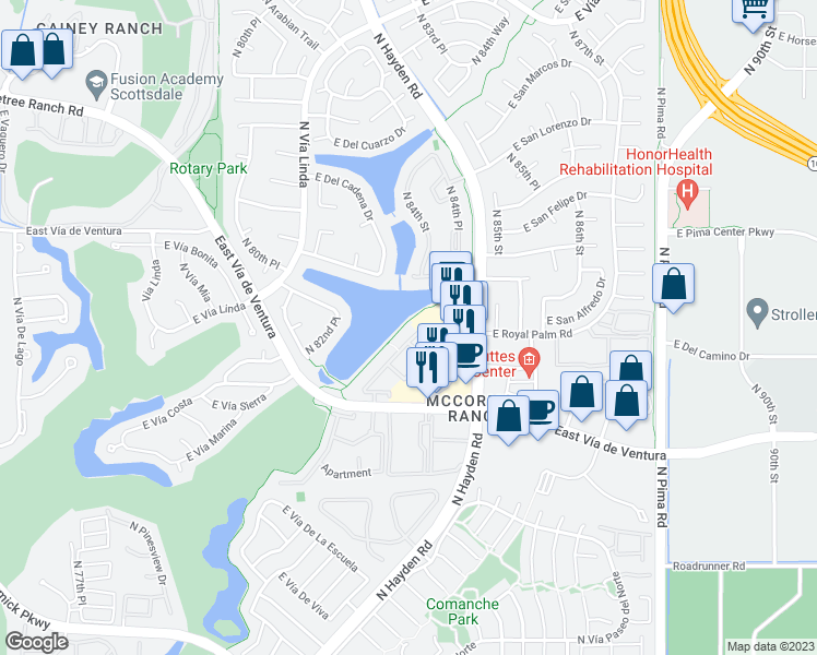 map of restaurants, bars, coffee shops, grocery stores, and more near Unnamed Road in Scottsdale
