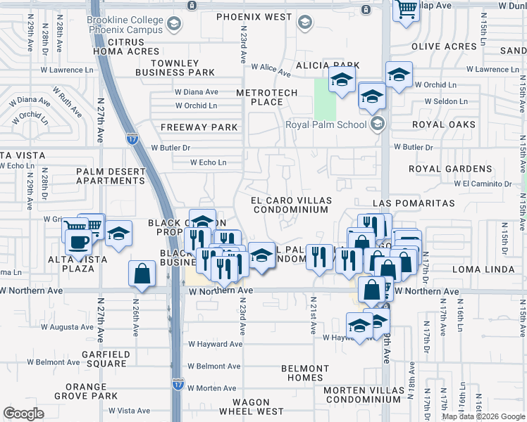 map of restaurants, bars, coffee shops, grocery stores, and more near 8246 North 22nd Drive in Phoenix
