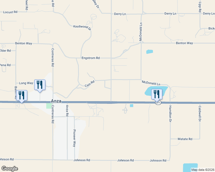 map of restaurants, bars, coffee shops, grocery stores, and more near 56941 Cain Road in Anza