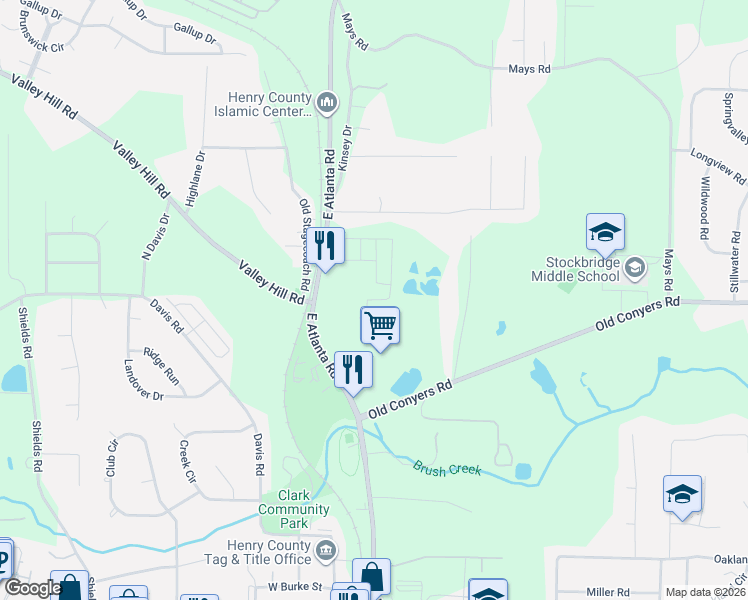 map of restaurants, bars, coffee shops, grocery stores, and more near 262 East Atlanta Road in Stockbridge