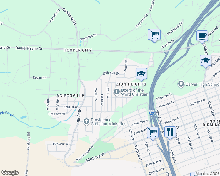 map of restaurants, bars, coffee shops, grocery stores, and more near 3804 Center Place West in Birmingham