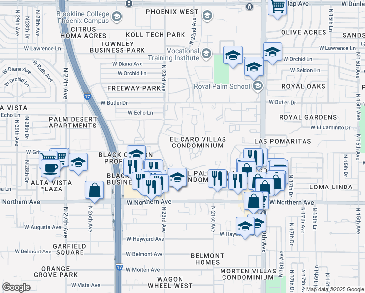 map of restaurants, bars, coffee shops, grocery stores, and more near 8246 North 22nd Drive in Phoenix