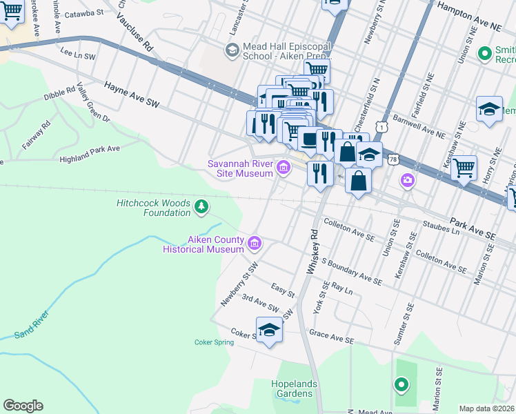 map of restaurants, bars, coffee shops, grocery stores, and more near 324 Laurens Street Southwest in Aiken