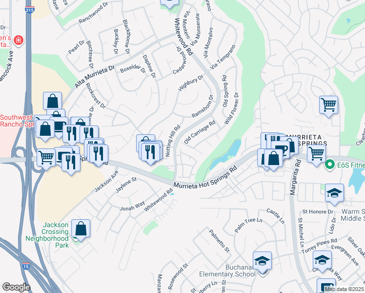 map of restaurants, bars, coffee shops, grocery stores, and more near 25943 Summer Hill Court in Murrieta