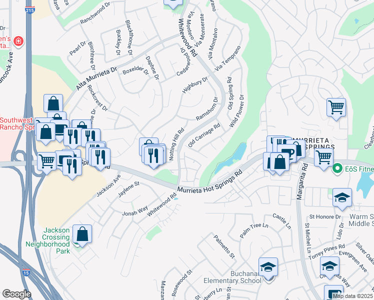 map of restaurants, bars, coffee shops, grocery stores, and more near 25943 Summer Hill Court in Murrieta