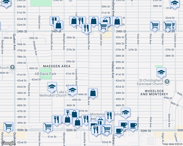 map of restaurants, bars, coffee shops, grocery stores, and more near 3520 42nd Street in Lubbock