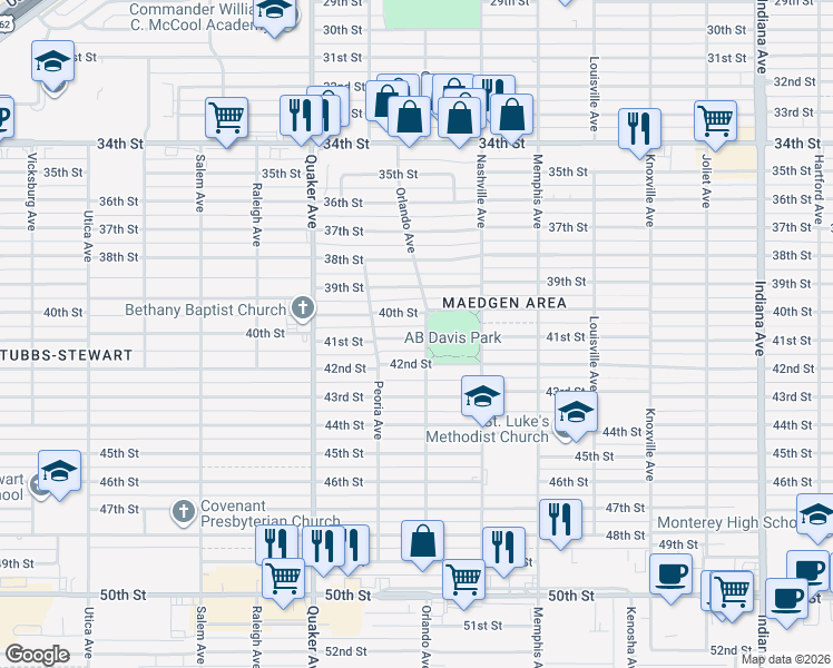 map of restaurants, bars, coffee shops, grocery stores, and more near 4202 42nd Street in Lubbock
