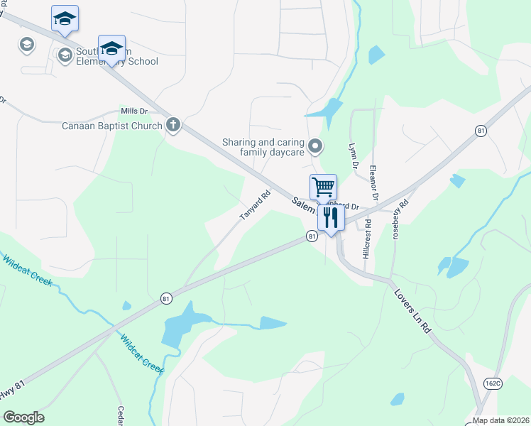 map of restaurants, bars, coffee shops, grocery stores, and more near 65 Tanyard Road in Covington