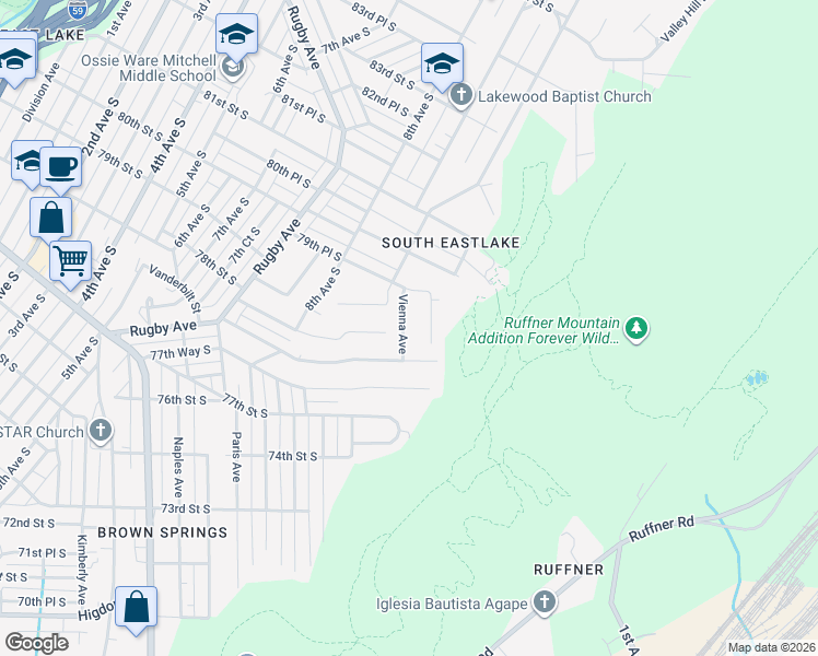 map of restaurants, bars, coffee shops, grocery stores, and more near 901 Vanderbilt Street in Birmingham
