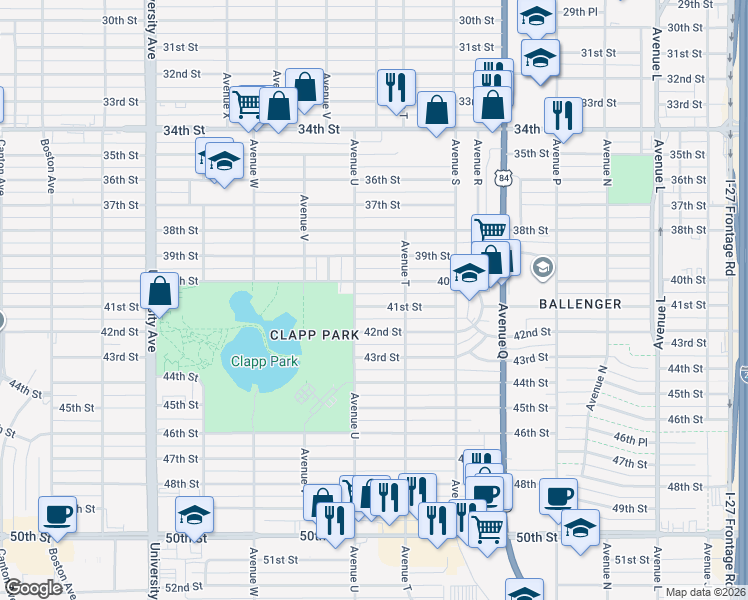 map of restaurants, bars, coffee shops, grocery stores, and more near 2010 42nd Street in Lubbock