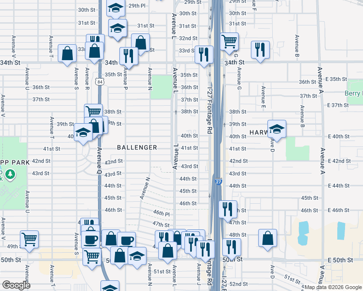 map of restaurants, bars, coffee shops, grocery stores, and more near 4101-4199 Avenue K in Lubbock