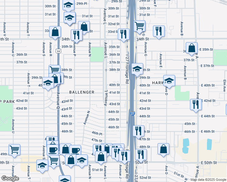 map of restaurants, bars, coffee shops, grocery stores, and more near 1104 42nd Street in Lubbock