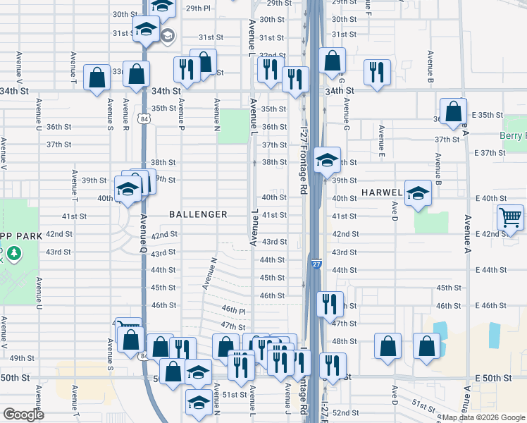 map of restaurants, bars, coffee shops, grocery stores, and more near 4101-4199 Avenue K in Lubbock