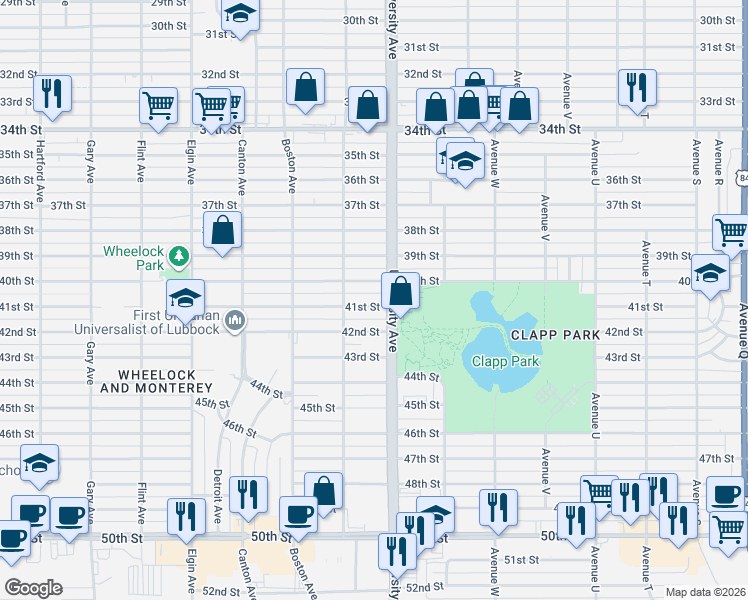 map of restaurants, bars, coffee shops, grocery stores, and more near 2503 41st Street in Lubbock