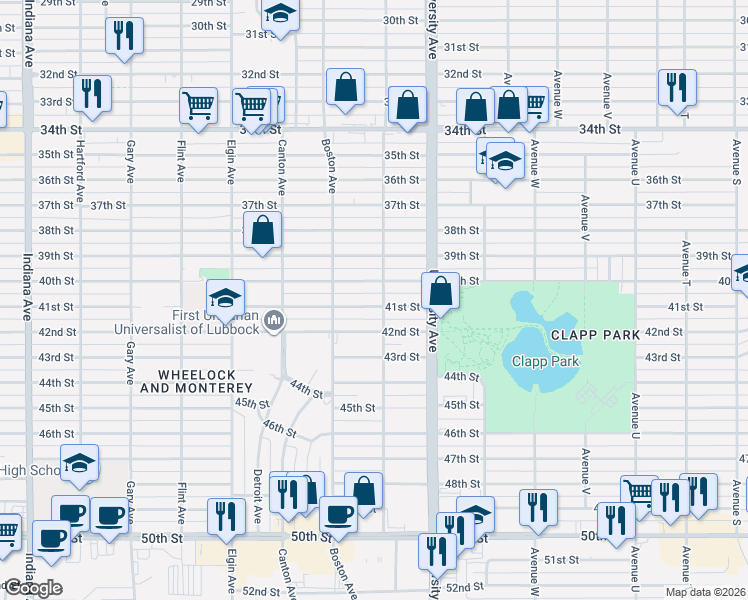 map of restaurants, bars, coffee shops, grocery stores, and more near 2522 42nd Street in Lubbock