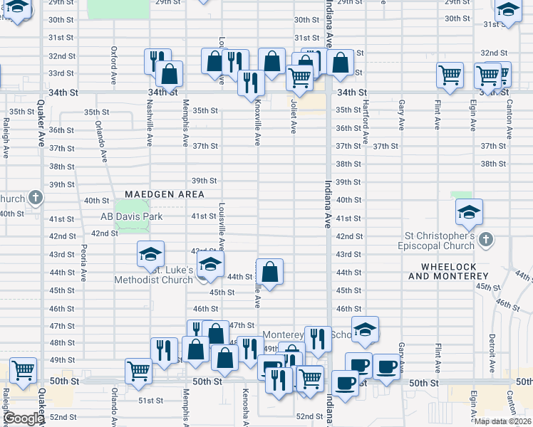 map of restaurants, bars, coffee shops, grocery stores, and more near 3520 42nd Street in Lubbock