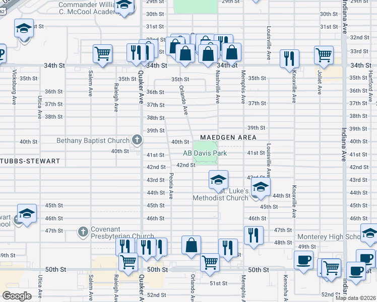map of restaurants, bars, coffee shops, grocery stores, and more near 4202 42nd Street in Lubbock