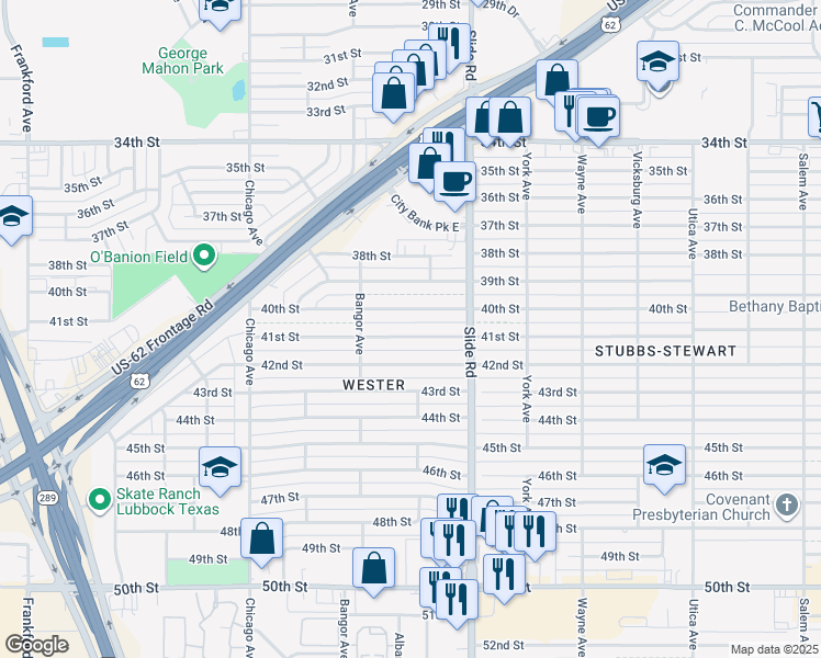 map of restaurants, bars, coffee shops, grocery stores, and more near 5223 41st Street in Lubbock