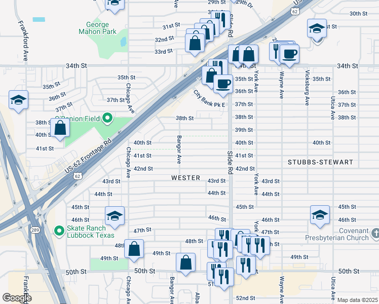 map of restaurants, bars, coffee shops, grocery stores, and more near 5239 41st Street in Lubbock