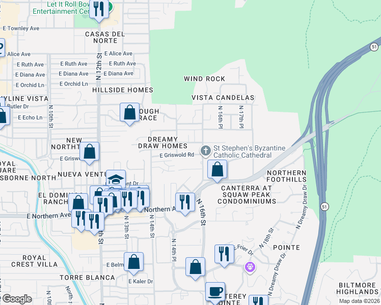 map of restaurants, bars, coffee shops, grocery stores, and more near 8132 North 16th Street in Phoenix